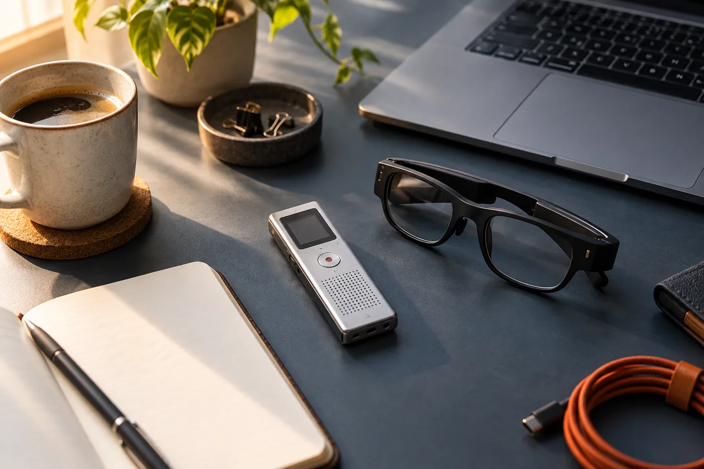 Recorder en slimme bril op een bureau