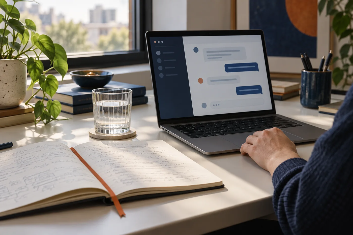 Laptop en notitieboek op een lichte tafel