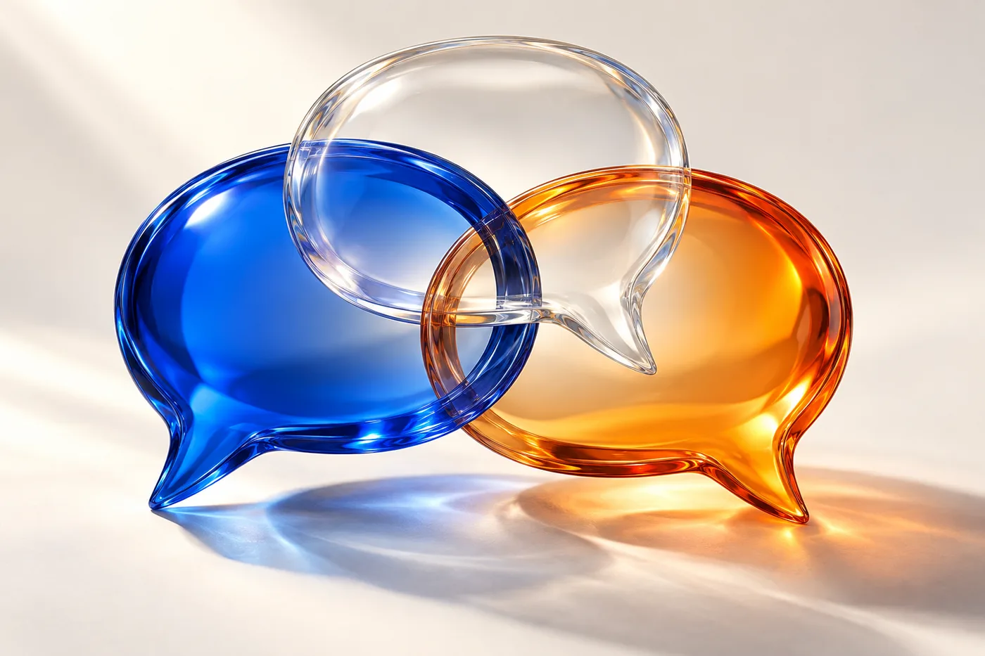 Drie glazen gespreksballonnen als illustratie bij AI-gesprekken