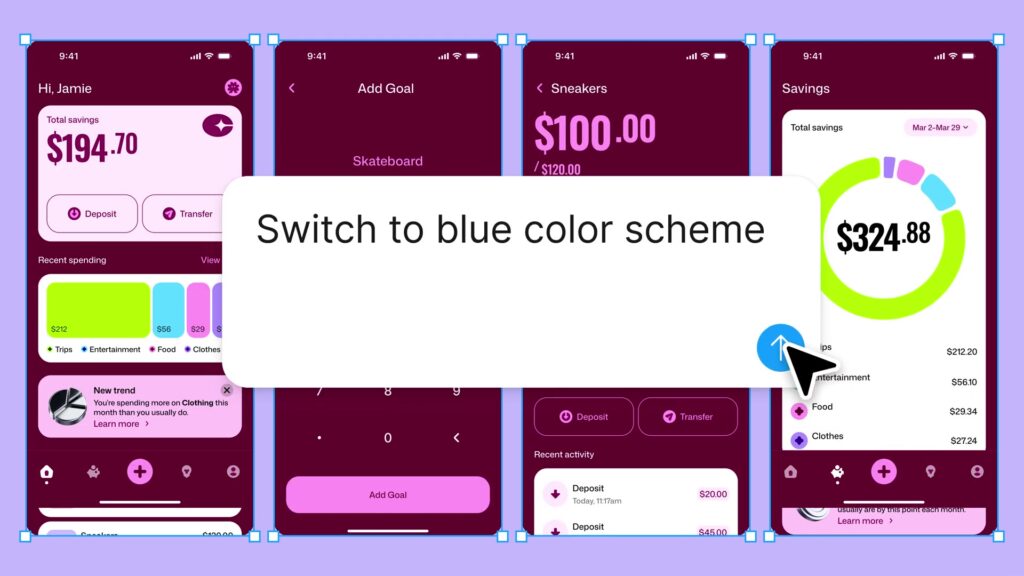 Figma-agent past op verzoek het kleurenschema van een reeks app-schermen aan
