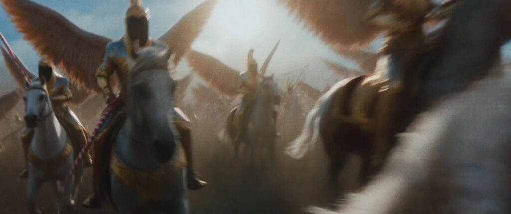 Gevleugelde ruiters op paarden in een scène uit de AI-film Gods Don't Give Gifts