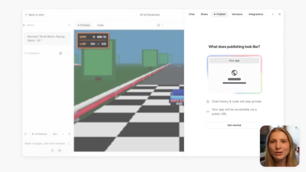 Scherm van Google AI Studio met een zelfgemaakt racespelletje en de stap publiceren