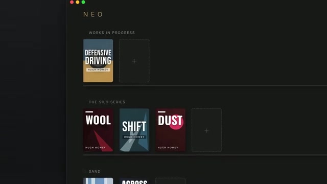 Digitale boekenplank in het schrijfprogramma NEO met omslagen van de Silo-boeken
