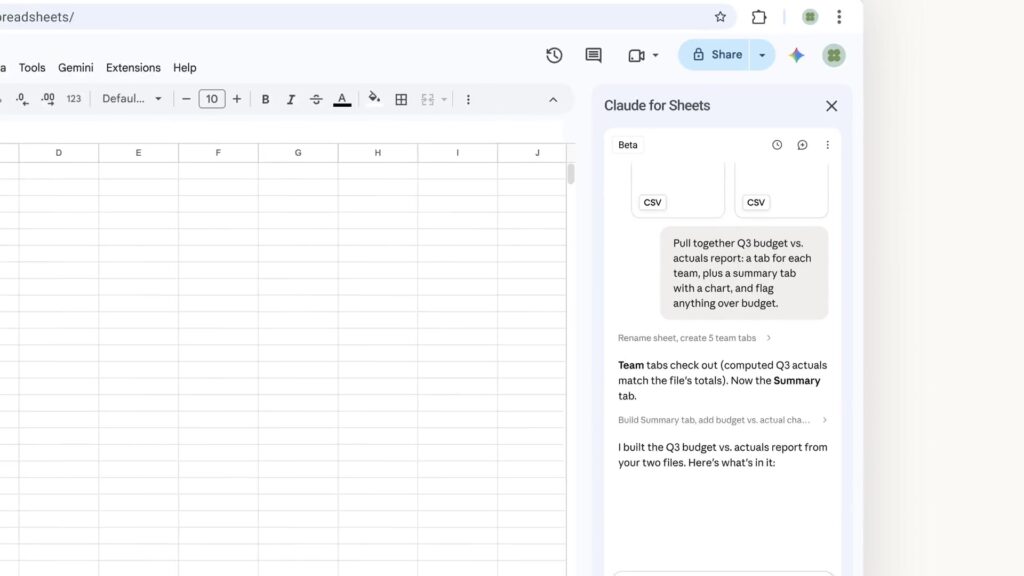 Spreadsheet in Google Sheets met de zijbalk van Claude ernaast