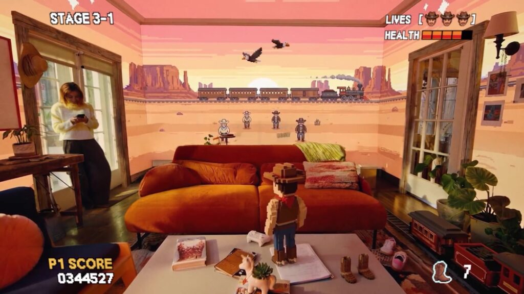 Zelfgemaakt spel met een cowboyfiguurtje dat zich in een woonkamer afspeelt