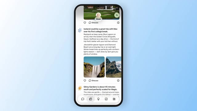 Het scherm van de Muse-app van Meta met voorstellen voor reizen