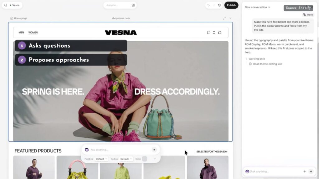 Canvas van Shopify met een winkelpagina en rechts de chat met Sidekick